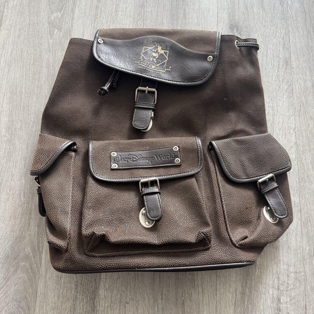 Walt Disney World Mickey Mouse Backpack Brown Leather Drawstring Flap Bag